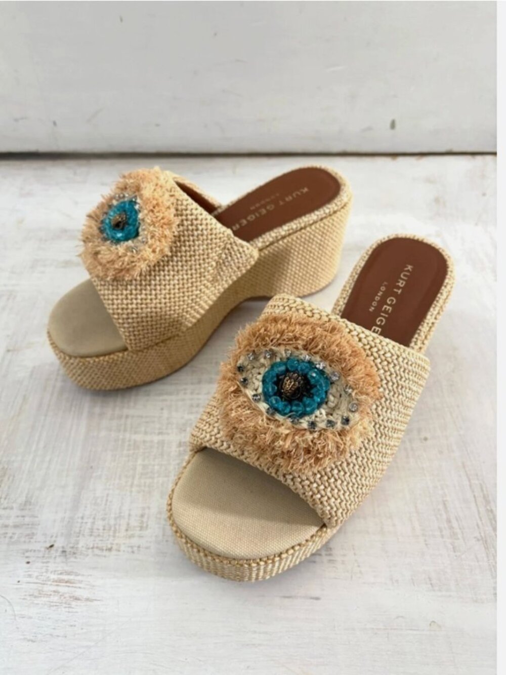 Kurt Geiger London Kensington Raffia Eye Platform Wedge Sandals Size 39 EU